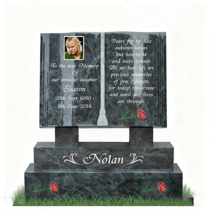 Pierre tombale commémorative en granit en forme de livre