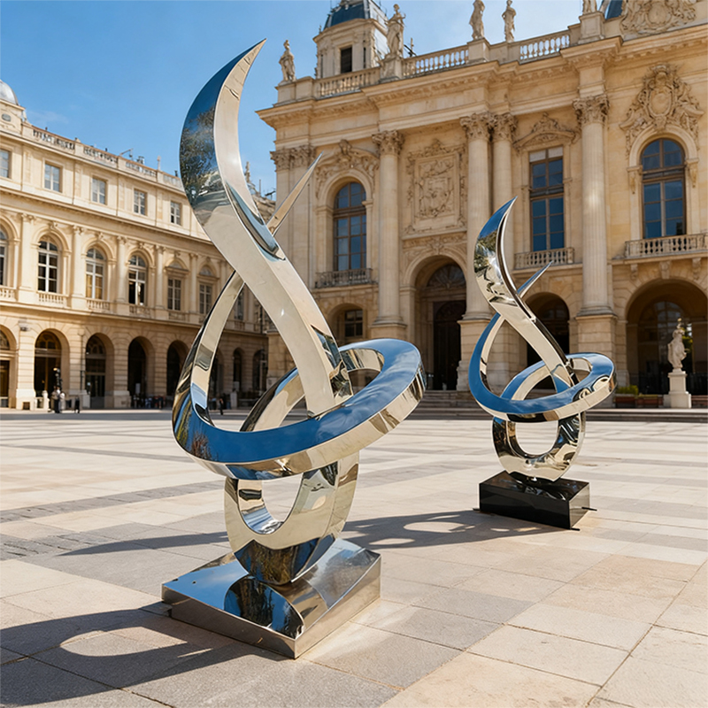 Sculpture en métal épurée bleue et argentée