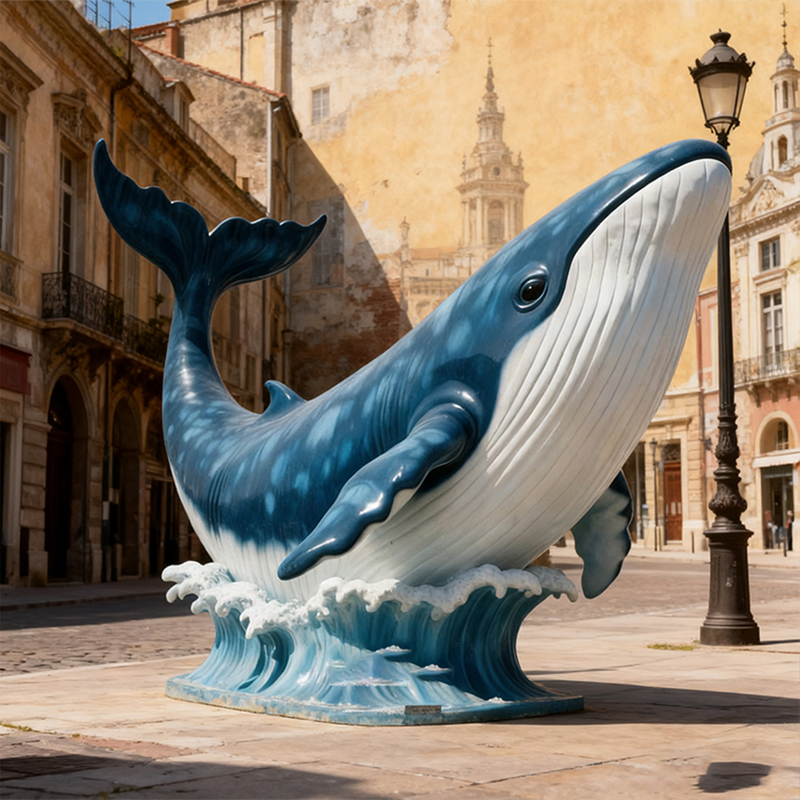 Sculpture de baleine bleue en fibre de verre