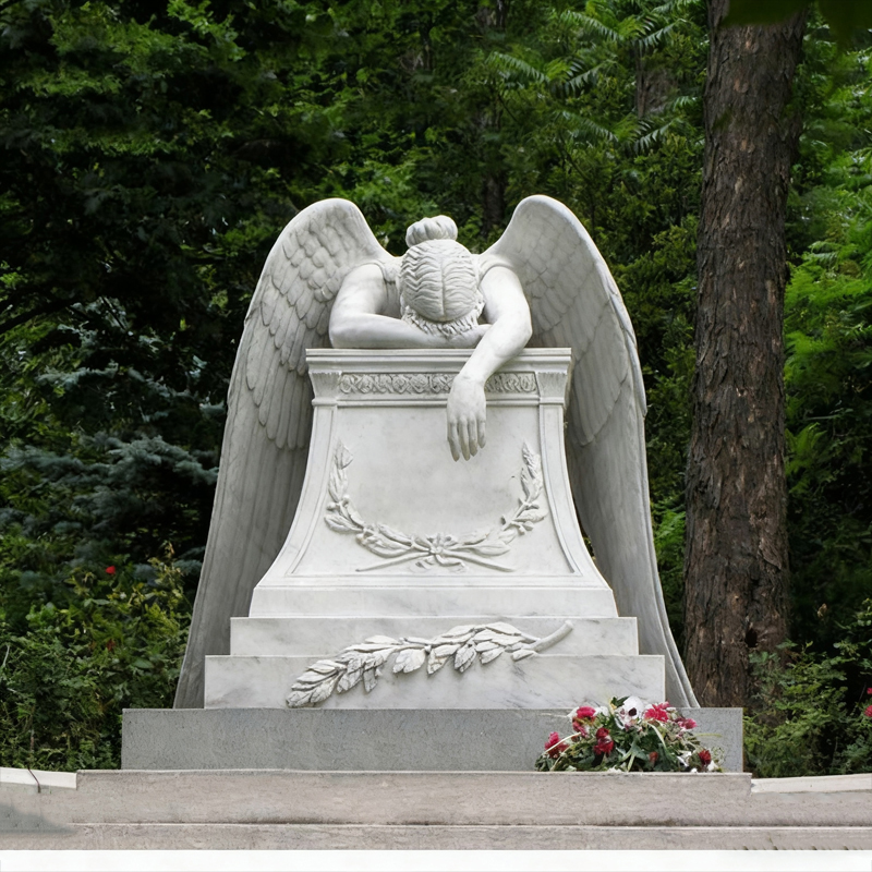 Pierre tombale en marbre d'ange à tête courbée