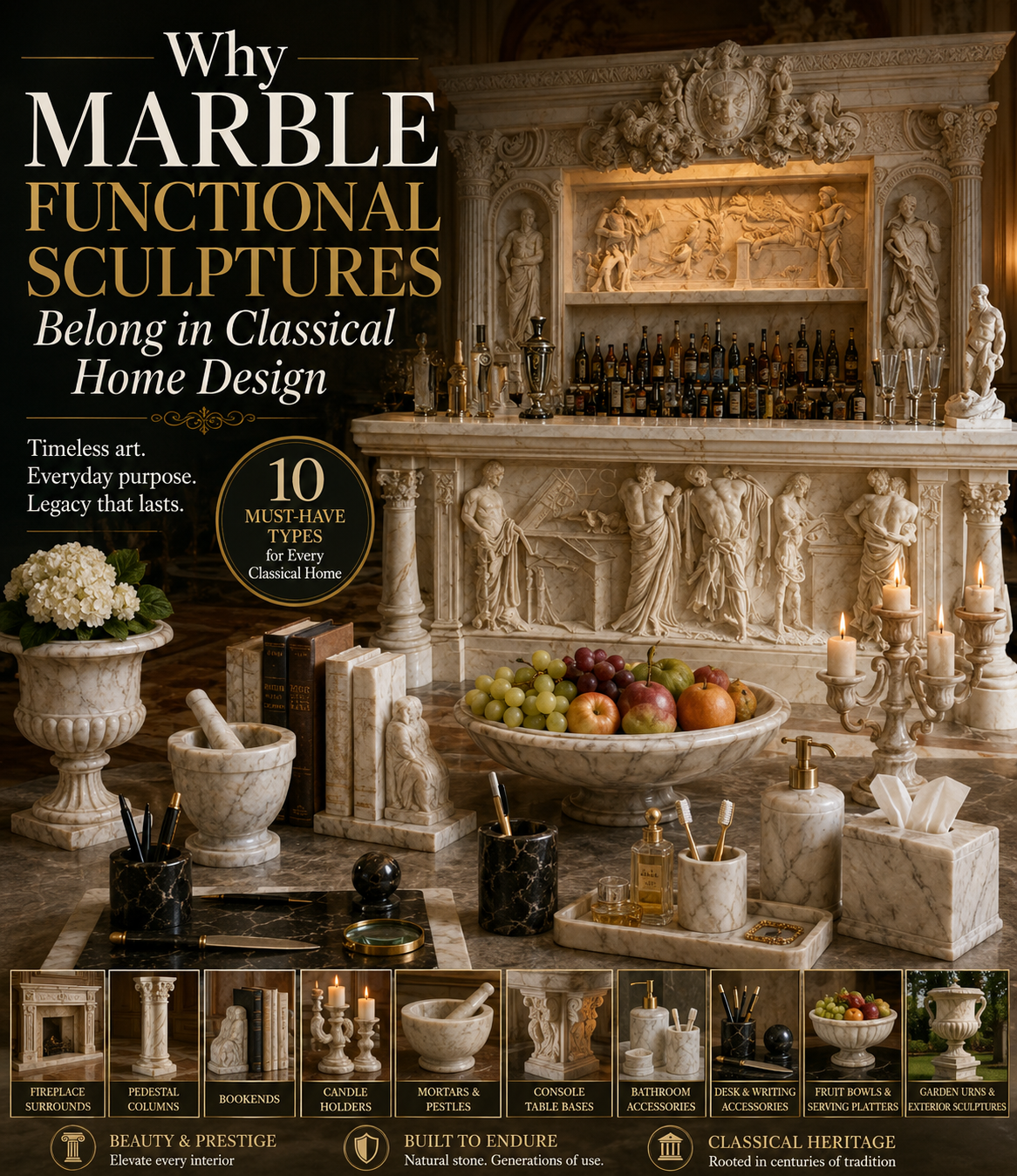 Quelles sculptures fonctionnelles en marbre sont essentielles pour un intérieur de maison classique ?